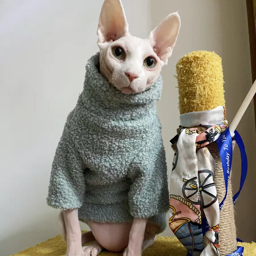 Winter Blue Sweater for Sphynx Cat,Warm Lamb fleece long sleeves Thick Coat For Devon Rex Small Dogs, Soft Warm Pajama for a Cat