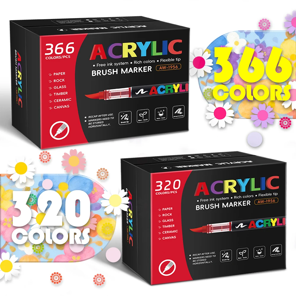 

12-366 Colors Acrylic Paint Markers Brush Tip, Permanent Acrylic Pens for Rock Canvas Glass Wood, Art Supplies for Artist hopk