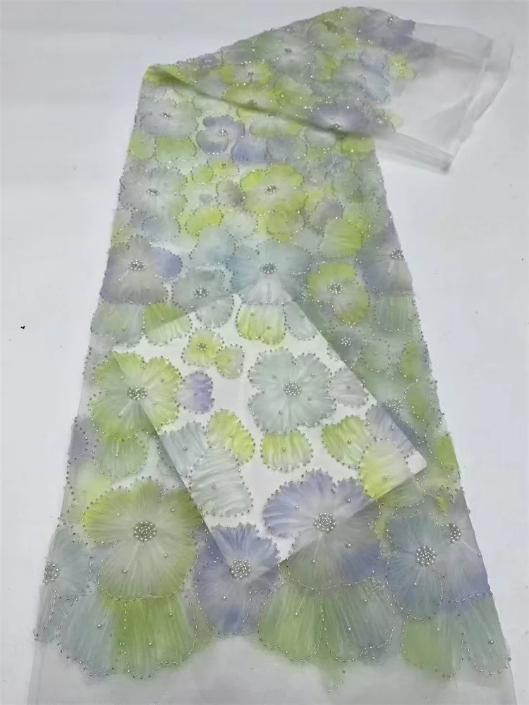 

New Design Luxurious French green Lace Fabric 2025 Embroidery high quality Beaded Tulle Mesh Fabric For Wedding 5 Yards