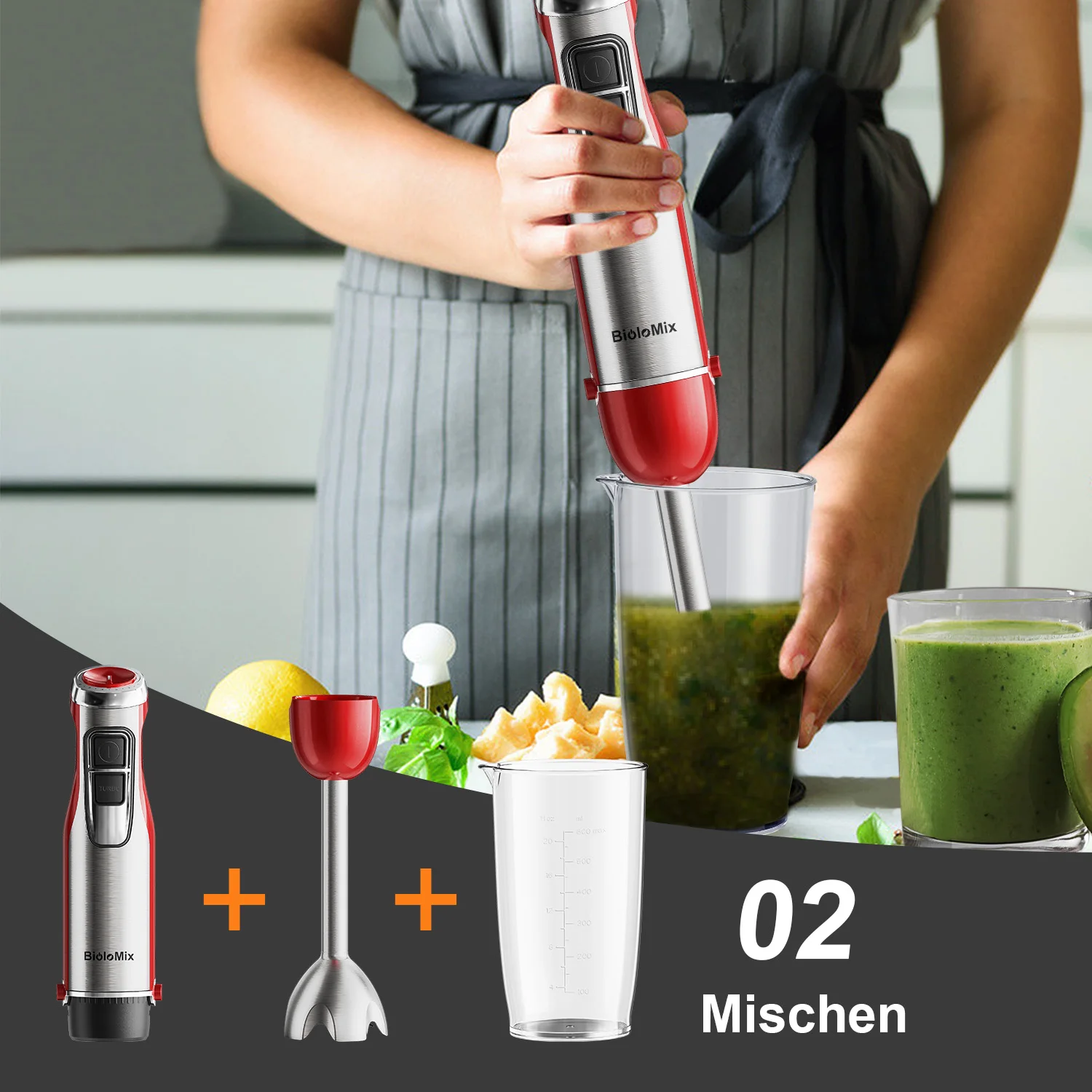 BioloMix Roter 1200 W 4-in-1-Stabmixer mit Zerkleinerer und Smoothie-Becher, Edelstahl-Tauchmixer für Babynahrung und Eiszerkleinerung – Detail 5