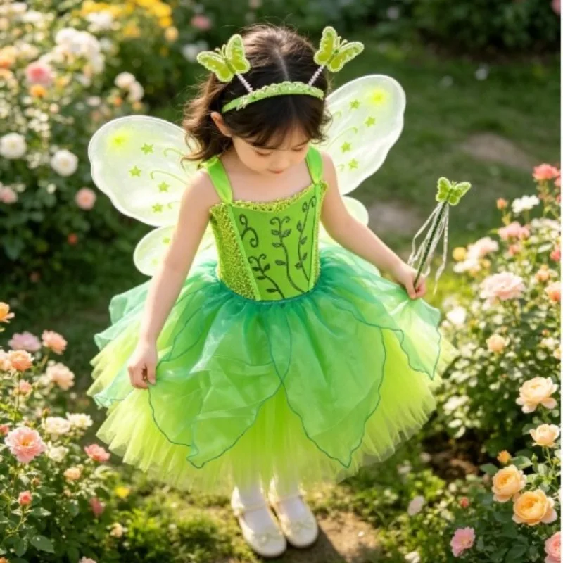 Green Fairy Tutu Dress Floral Layered Cake Skirt Party Mesh Gown Elegant Fluffy Tulle Outfit Banquet & Stage Performance Attire