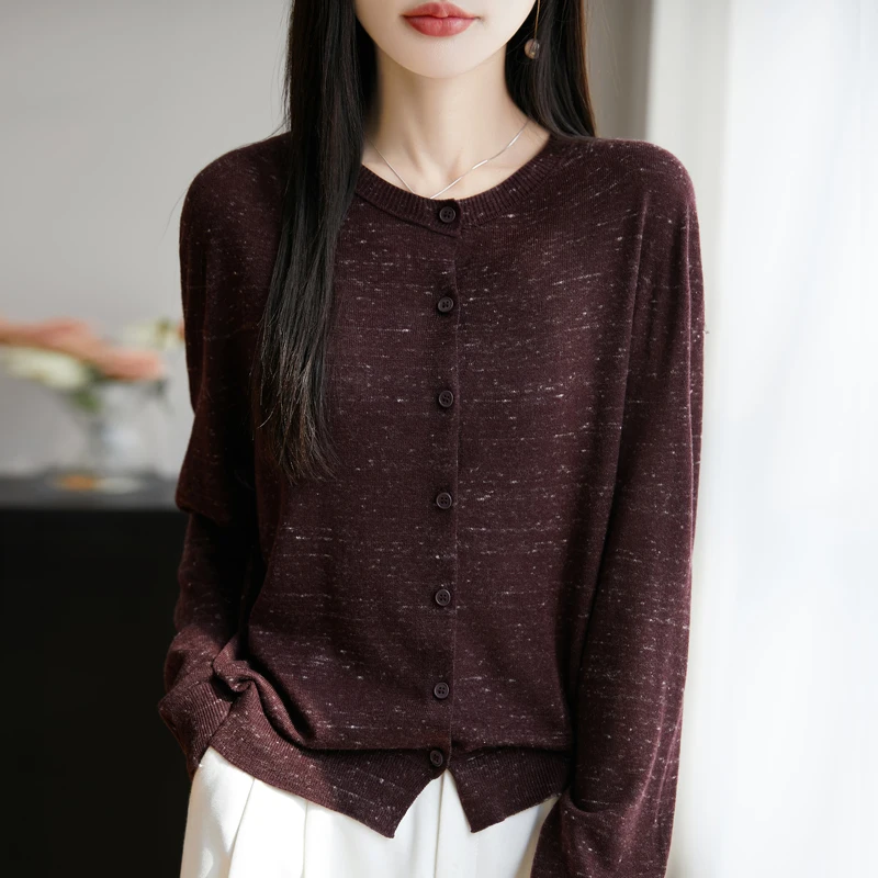 Wiosna Nowy wełniany kardigan z dzianiny damska Okrągły dekolt Luźna kurtka Moda Kolorowa przędza Sweter z długim rękawem Casualowy cienki płaszcz