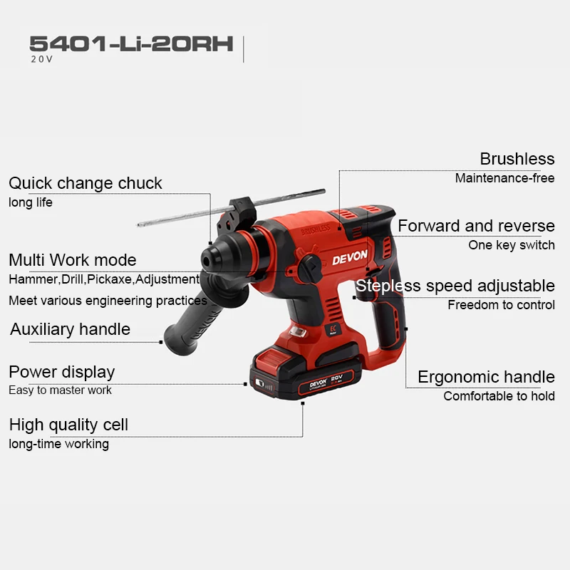 DEVON Cordless Rotary Hammer Light Duty Brushless 5401 Impact 1.7J 1400rpm 4500ipm 2.1Kg Universal Flex Battery Platform