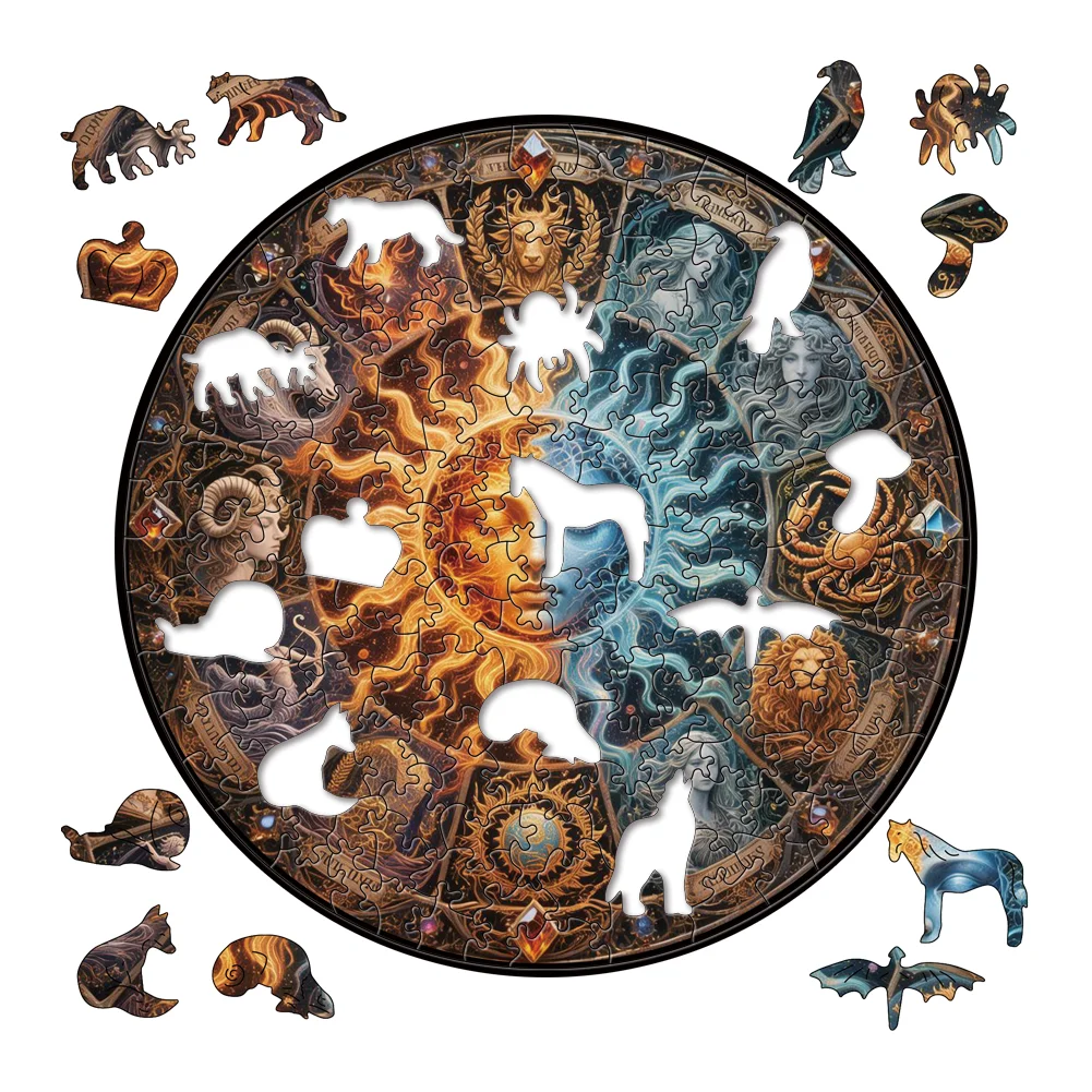 لعبة ترفيهية مريحة وتخفيف التوتر، ألغاز خشبية مكونة من 12 علامة زودياك #4
