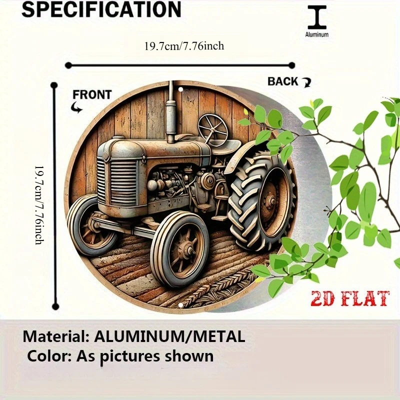 2D Flat - Round Sign Featuring Rural Life, Showcasing Farm Equipment And a Vintage Tractor. This Rustic Metal Wall Art