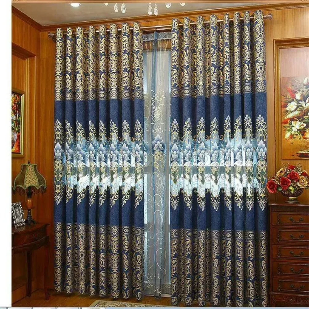 

Роскошные синие вышитые синельные золотые жаккардовые полые полузатемняющие оконные шторы для гостиной, столовой, спальни, виллы, дома