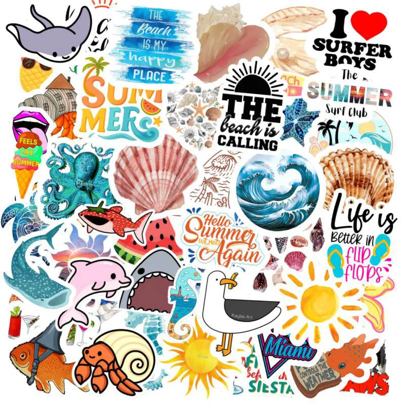 Summer Beach Themed Stickers Waterproof Vinyl Decals For Laptop Water Bottle Luggage DIY Scrapbook Decor