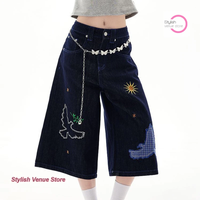 American Joker Fun Embroidery Design Jeans cropped pants female American high street fashion loose casual wide-leg shorts