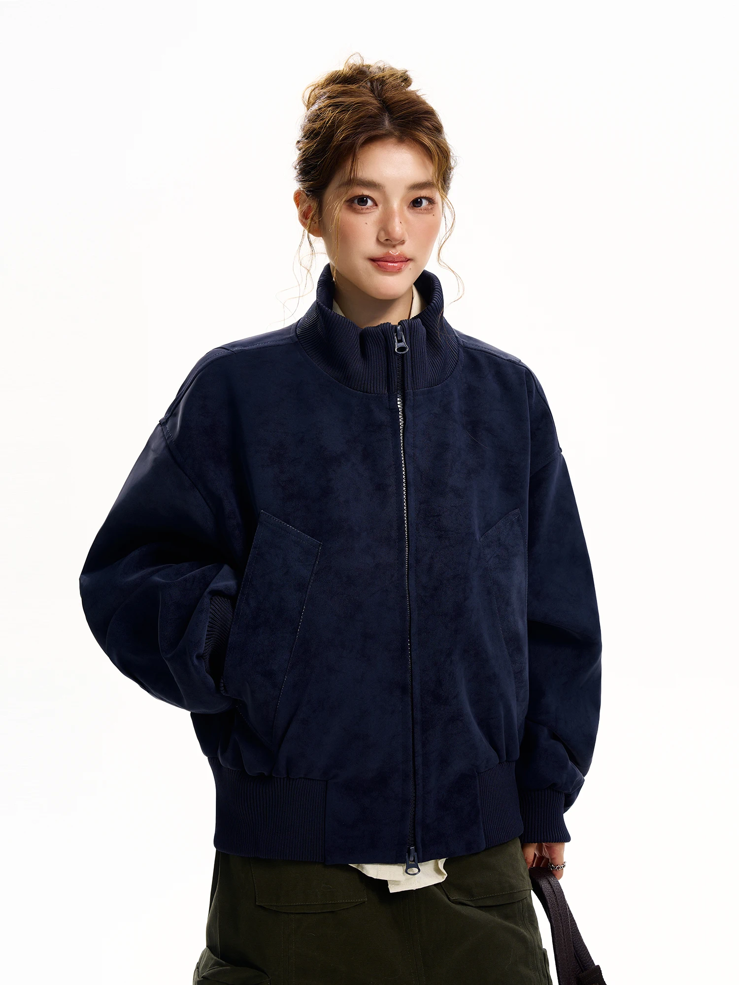 เสื้อโค้ทหนัง PU สีน้ำเงินฟอกทรงหลวม สไตล์ลำลองสำหรับผู้หญิง แบรนด์อเมริกันสุดเทรนดี้ รุ่น Kola พร้อมซิปยาว