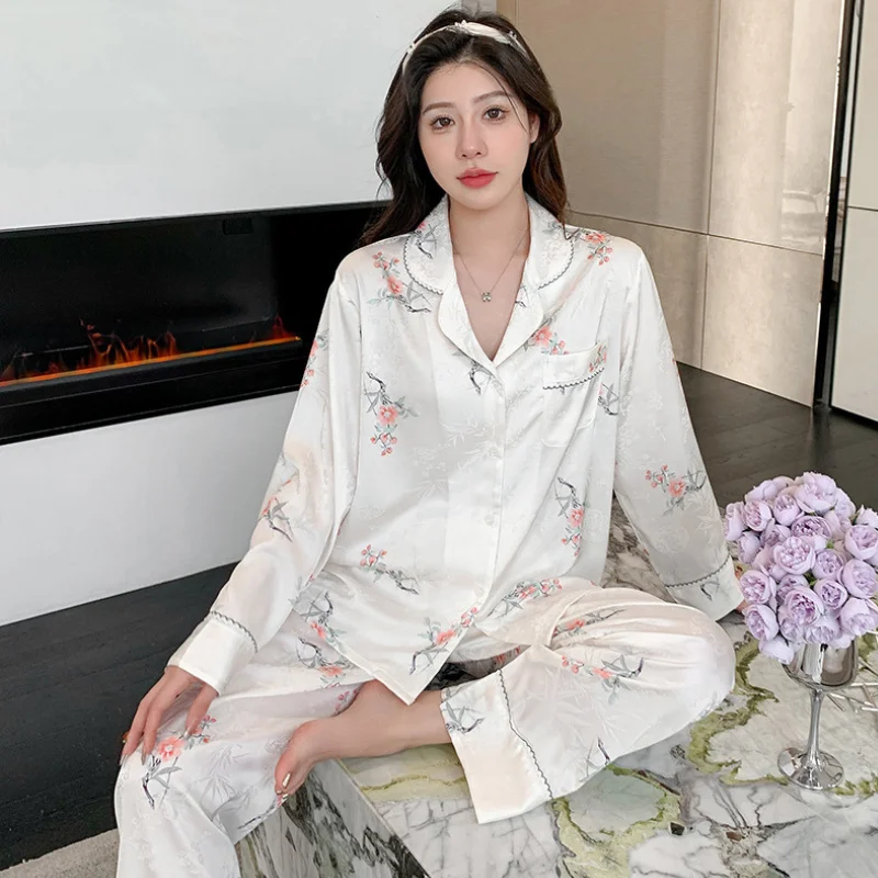 Luxury Printed Pajamas For Women Sleepwear Silk Textured Satin Long Sleeve and Pants Pijamas Mujer Soft and Comfortable to Wear