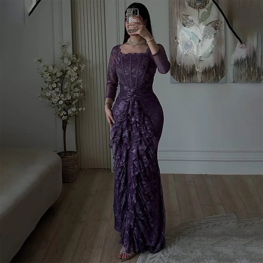 

Purple Lace Evening Dress for Woman 2025 Square Neck Long Sleeves Mermaid Evening Gown Trumpet Formal Party Dresses Customized
