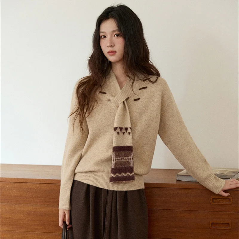 Hochwertiger Damen-Strickpullover, fusselfrei, Herbst-Winter-Mode, locker geschnitten, V-Ausschnitt, lange Ärmel, normale Länge, Guangzhou Th...