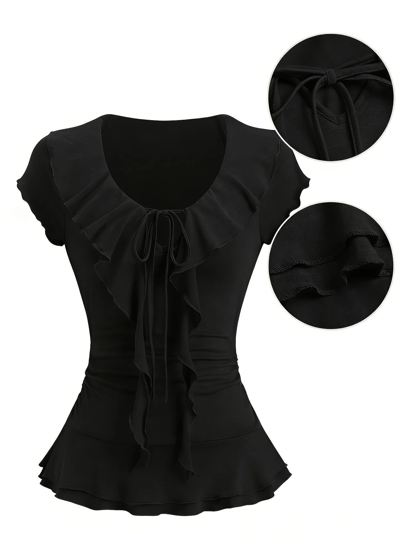 Women's Elegant Retro Ruffle Collar Tie-Waist Pleated T-Shirt for Commuting, Casual Outings, and Vacation (Summer Solstice)