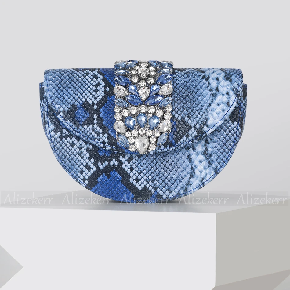 Snakeskin Pattern Half Round Handbags Women Elegant Boutique Metal Ring Handle Rhinestone Satin Evening Clutch Purses Wedding