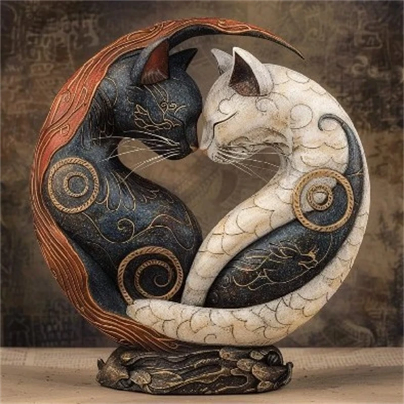 Black And White Cat Yin Yang Desk Decor Art Sculpture Modern Table Ornament For Home Office Workstation Cozy Gift For Cat Lovers