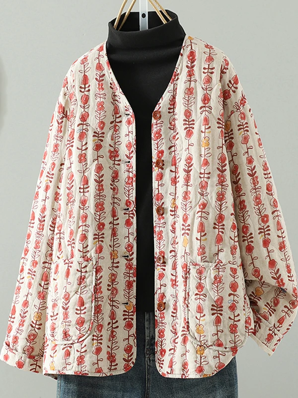 

Thiened Slim Fit Artistic Casual New Snowy Cotton Print Cotton Jaet 2025 Winter Long Sve Regular Length Commute Sle