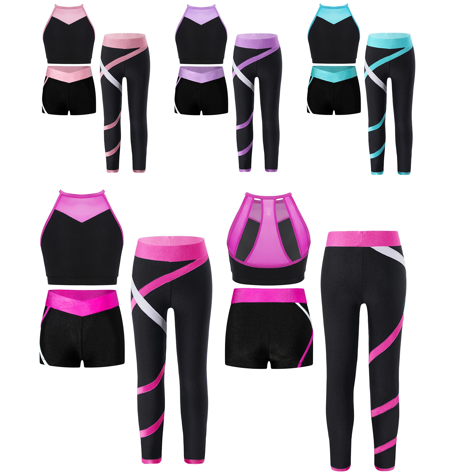 Kinderen Meisjes Balletdanssets Kleurblok Sportoutfits Uitgesneden rugvest met shorts en legging voor gymnastiektraining Hardlopen