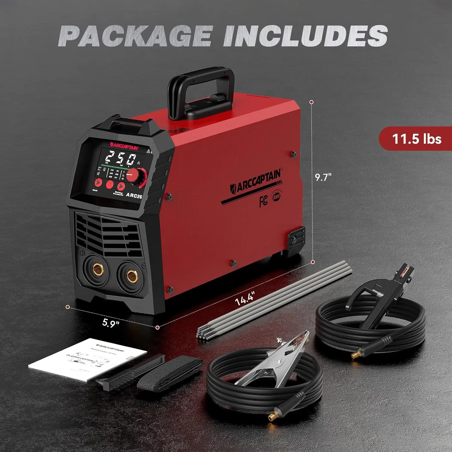ARCCAPTAIN ARC250 250A 230V AC Powered Stick/TIG/MMA Welder with Synergic IGBT Inverter Portable Design 10PCS Rods Included
