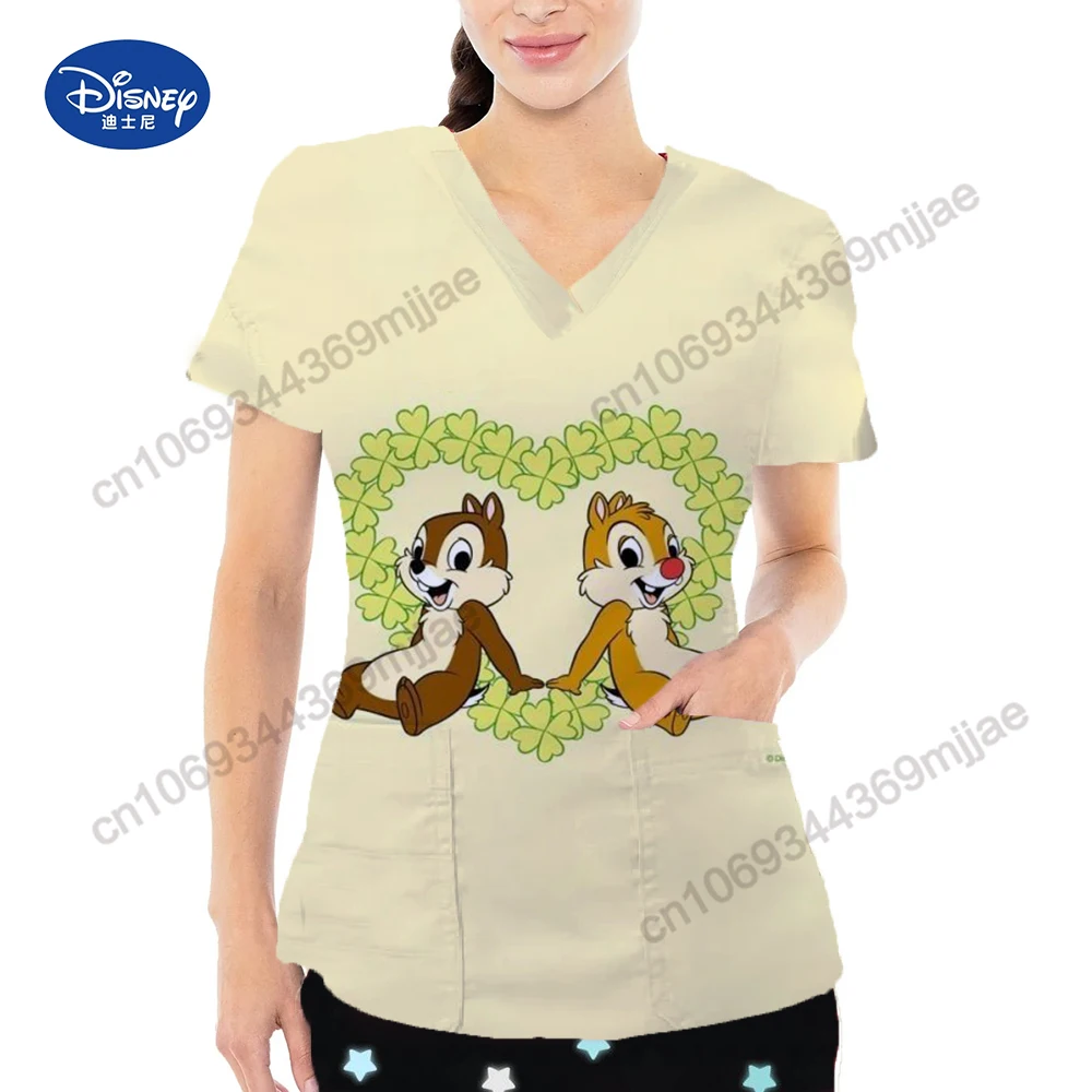 Disney Women\'s T-shirt for Women Clothing 2024 New Cartoon pattern Nurse Uniform Doubet Pocket Tops Y2k Design style T-shirt