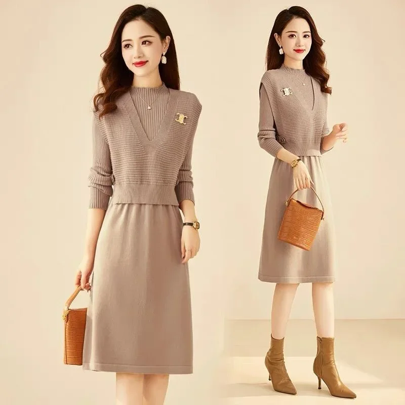 Women Two Piece Set Temperament Elegant O-neck Midi Dress 2024 Autumn Winter Office Lady Solid Commute Soft Slim Knit Dresses