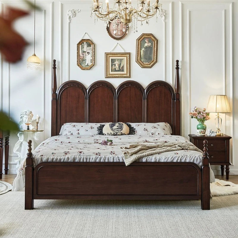 French retro bed, cherry wood, 1.8-meter double bed, master bedroom furniture