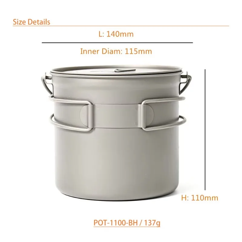 TOAKS Titanium 1100ml Pot With Bail Handle Outdoor Camping Hanging Pot Easy to Carry 145g POT-1100-BH