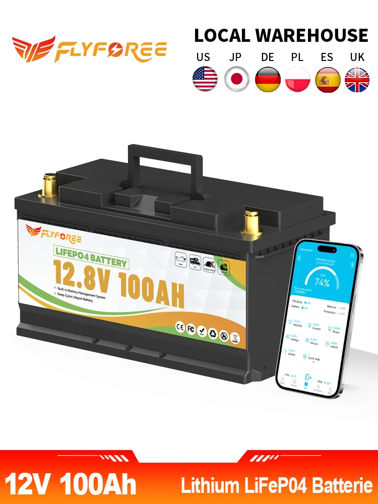 FLLYROWER 12V 100Ah LiFePO4 Lithiumbatterij Bluetooth BMS100A Voor RV Trolling Motor Solar Off-Road Off-grid Lithiumbatterij - afbeelding 2