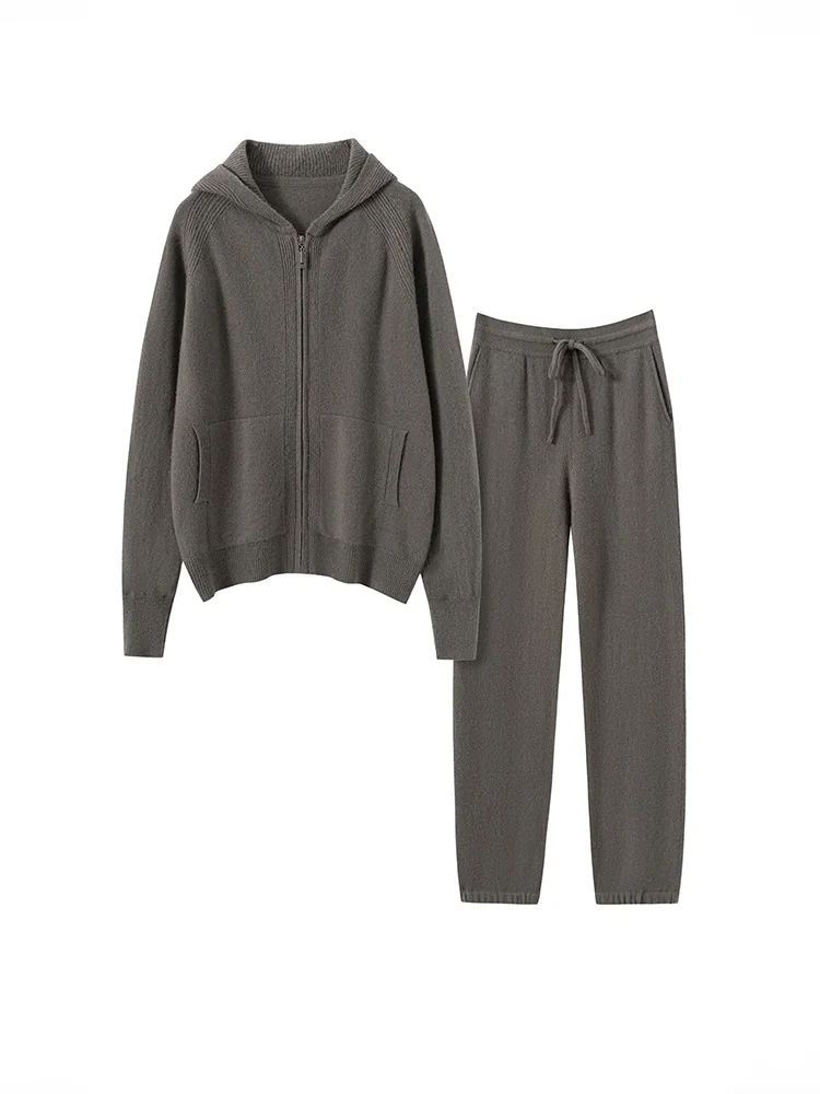 2025 Basic Women's Tracksuit Autumn Winter Casual 100% Cashmere Hooded Cardigan Sweater Zipper Soft Warm Knitwear Two Pieces Set