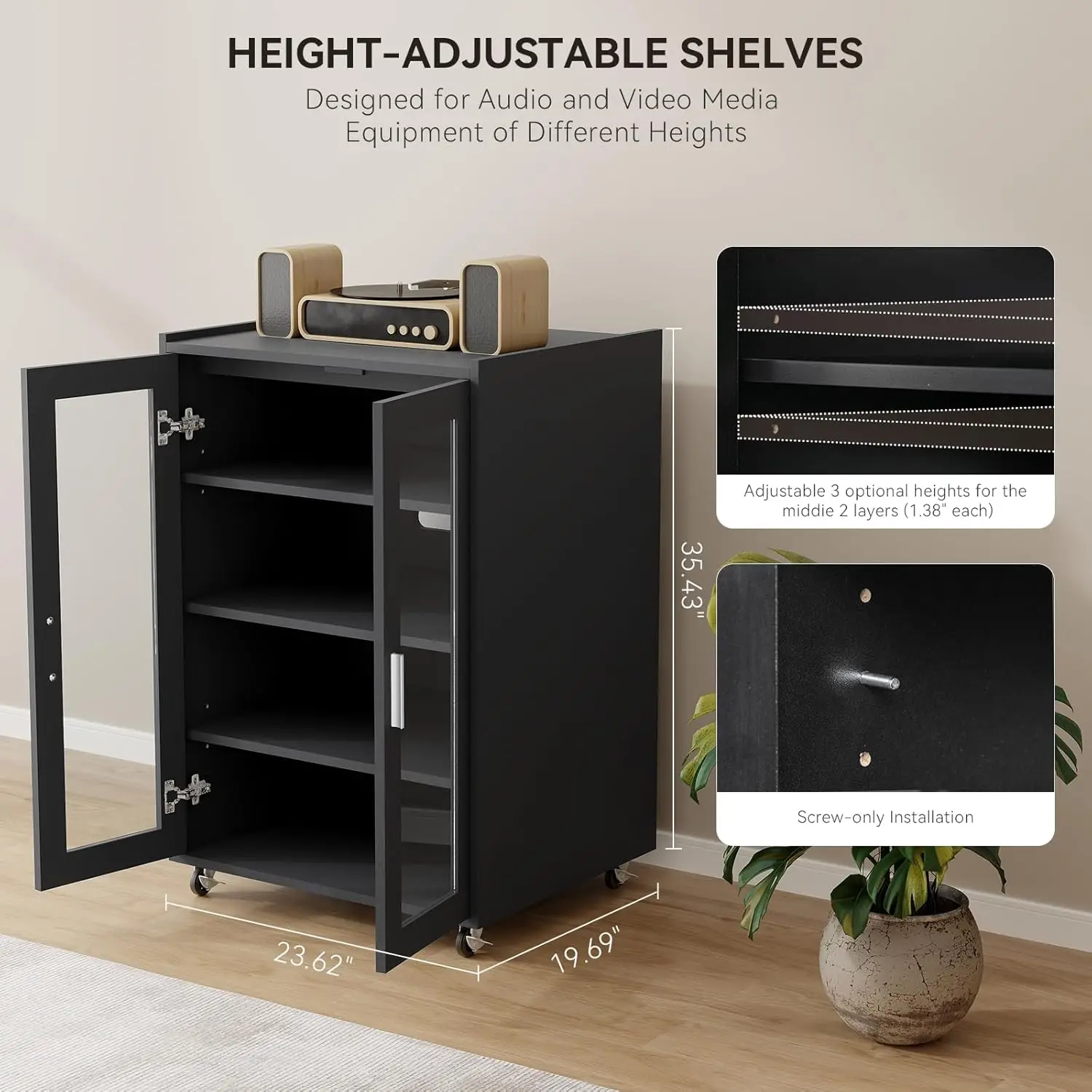 Media Storage Cabinet, Audio-Video Media Stand,Stereo Cabinet with 4 Height-Adjustable Shelves, AV Cabinet Audio Rack with Glass