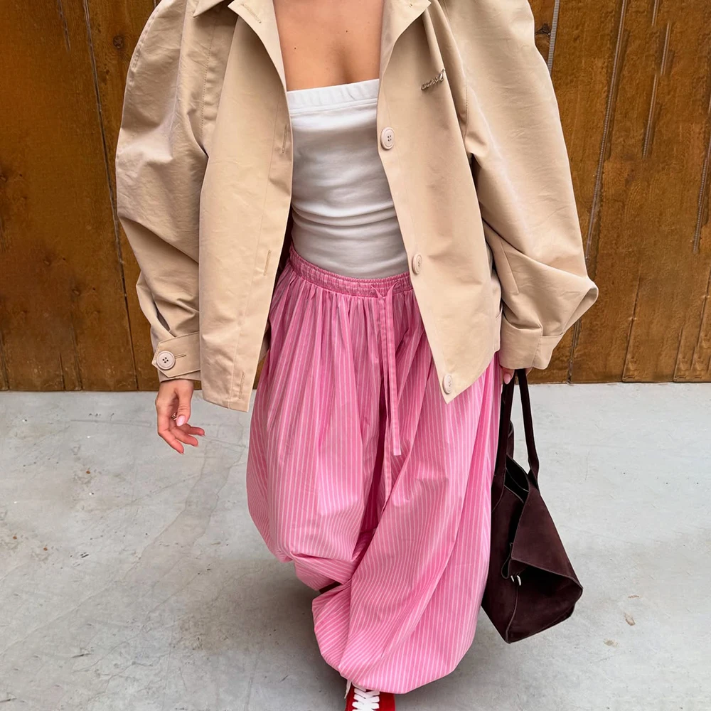

Talenza Striped Wide-Leg Pants Women's Lace Up Button High Waist Elastic Trousers 2025 Summer Female Fashion Loose Casual Pants