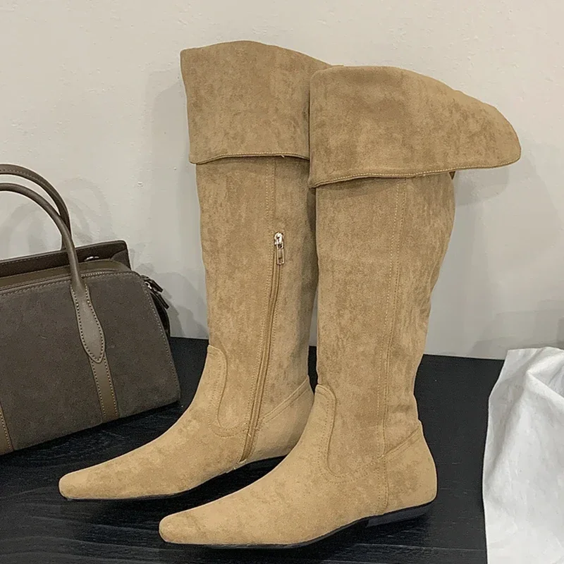 

Aneikeh/модные сапоги выше колена на низком каблуке, зимние женские туфли на молнии с острым носком в стиле панк