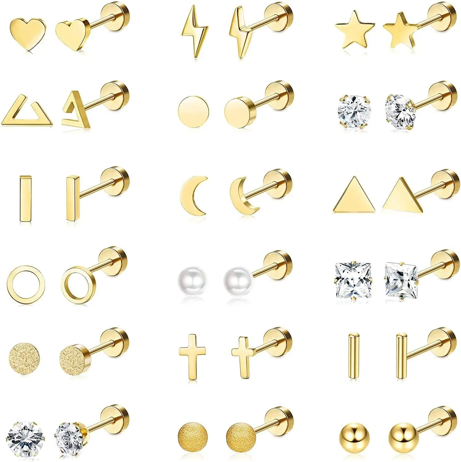 

18 Pairs Surgical Stainless Steel Stud Earrings For Women Men 20G Cartilage Earrings Studs Cross Moon