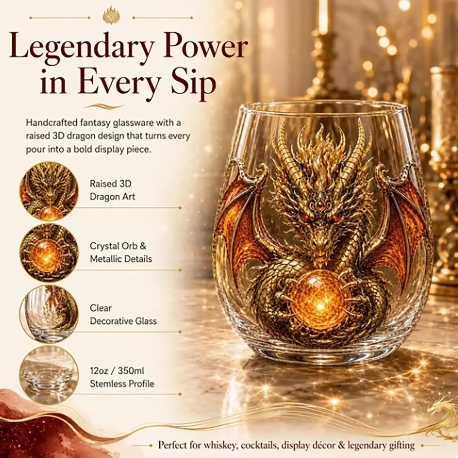3D Mythic Dragon Glass Art Cup, Fantasy Dragon Art Design Whiskey Glass, Sculpted Dragon Drinkware for Cocktails Bar Decor Gift