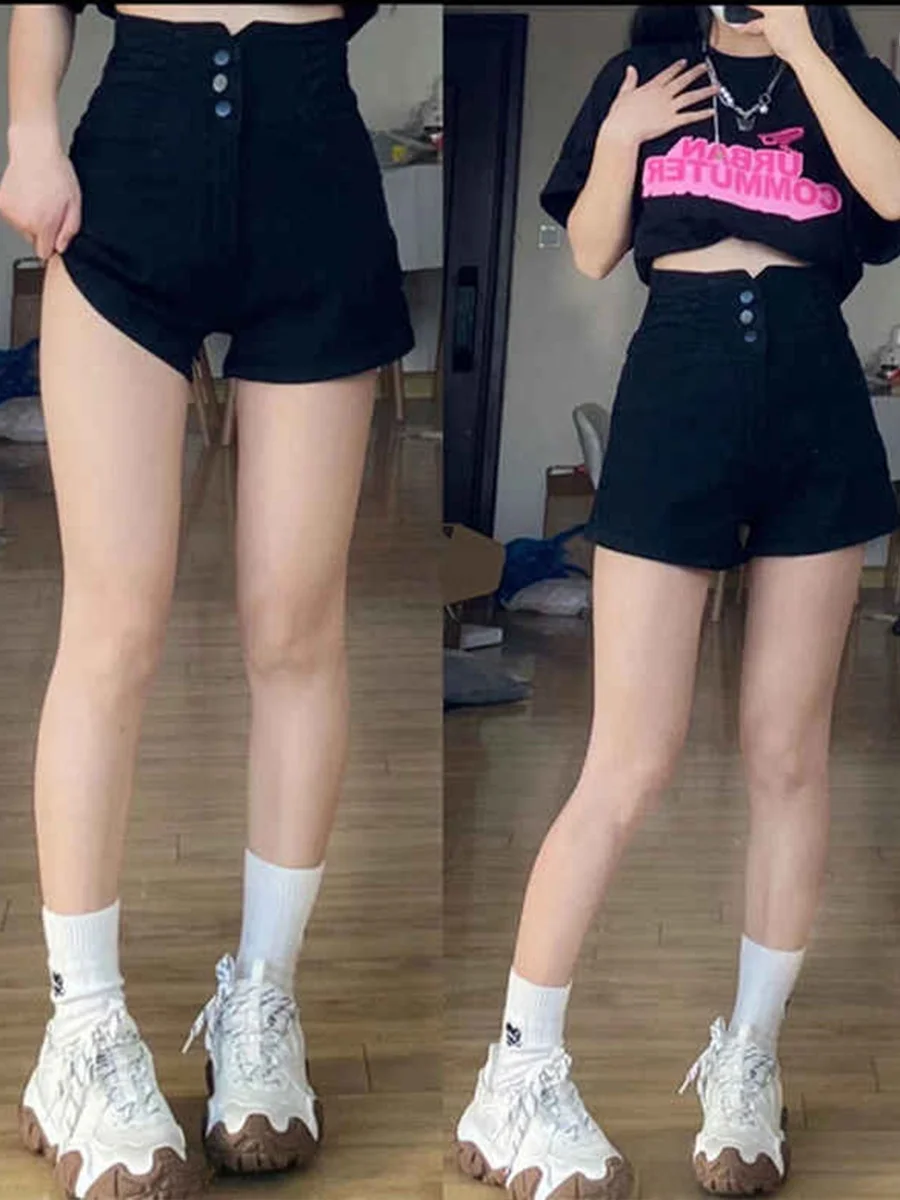 

High Waist A-Line Short Jeans Shorts Women Summer Slimming Black Hot Pants Cotton Stretch Denim Straight Leg Hot Pants