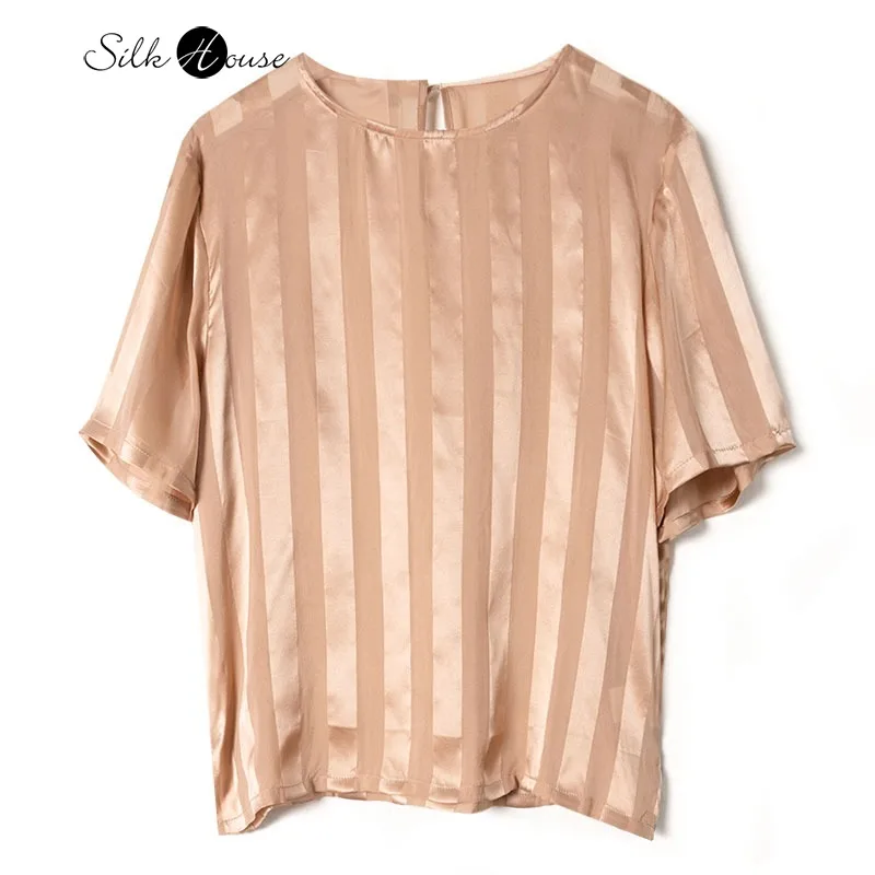 

Pink Striped T-shirt Versatile 100% Natural Mulberry Silk Satin Comfortable Casual Women's Round Neck Short Sleeved Top