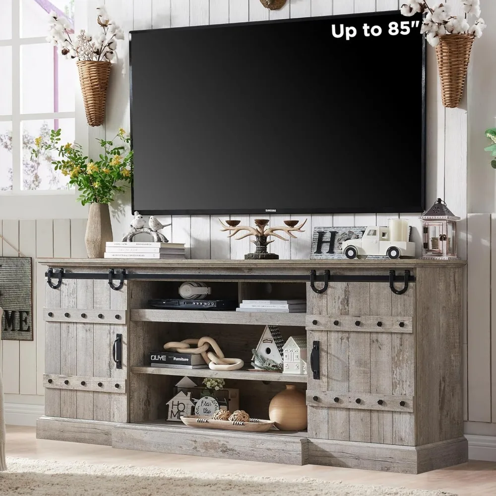 

Farmhouse 75 TV Stand for 80 85 Inch TV, Rustic Media Console Table with Sliding Barn Door, Large Highboy Entertainment Cent