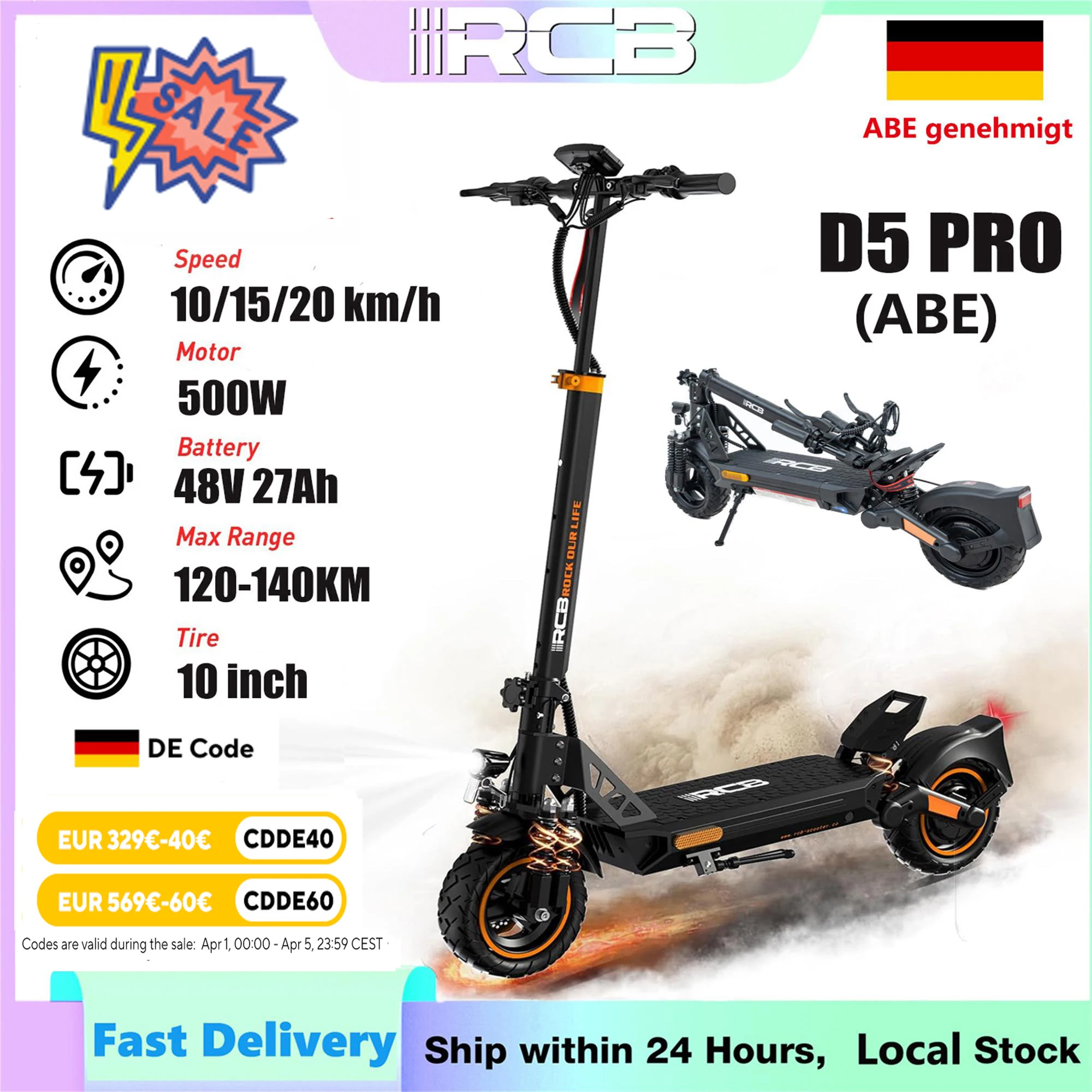 RCB D5 PRO (ABE) Elektroroller, 120–140 km Reichweite, 48 V 27 Ah Akku, 500 W Motor, 10 Zoll flache