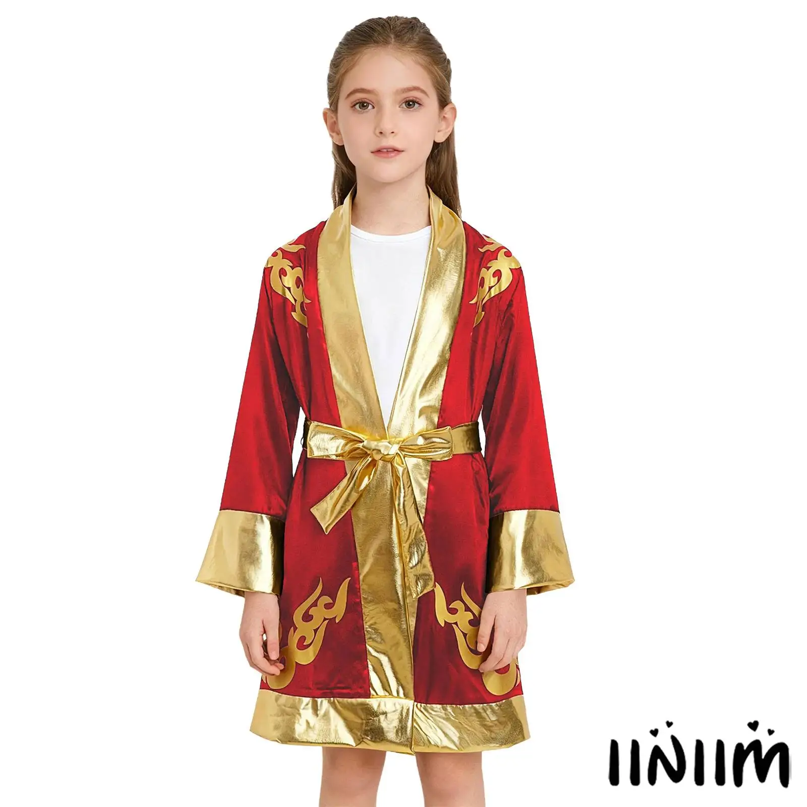

Boys Girls Dynamic Boxing Arena Costume Open Front Long Sleeve Gown And Championship Belt Fashion Boxer Martial Training Robe