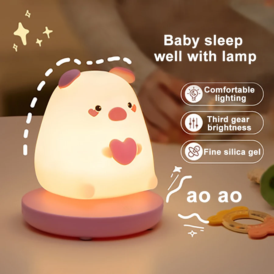 Luci notturne a LED per camera da letto per bambini simpatico animale maiale coniglio lampada in Silicone sensore tattile dimmerabile regalo di festa per bambini ricaricabile