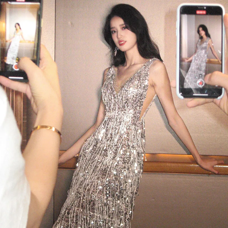 Vestido de fiesta de lentejuelas con borlas plateadas de lujo, vestido Formal Sexy con cuello en V sin mangas y espalda descubierta, vestido de fiesta de noche largo ajustado de cintura alta