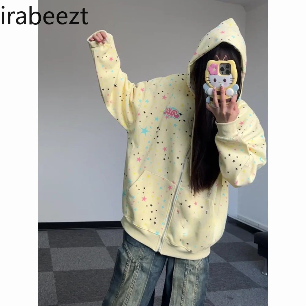 Stars Full Print Sweet Cool Street Cardigan Hoodie Woman Popular Korean Version Coat Regulai Fit Cotton Sweatshirts