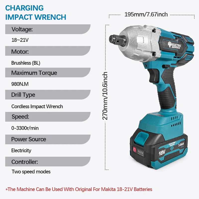 Electric Goddess 980NM High Torque Brushless Electric Impact Wrench Cordless Car Repair Wrench Power Tool For Makita 18V Battery