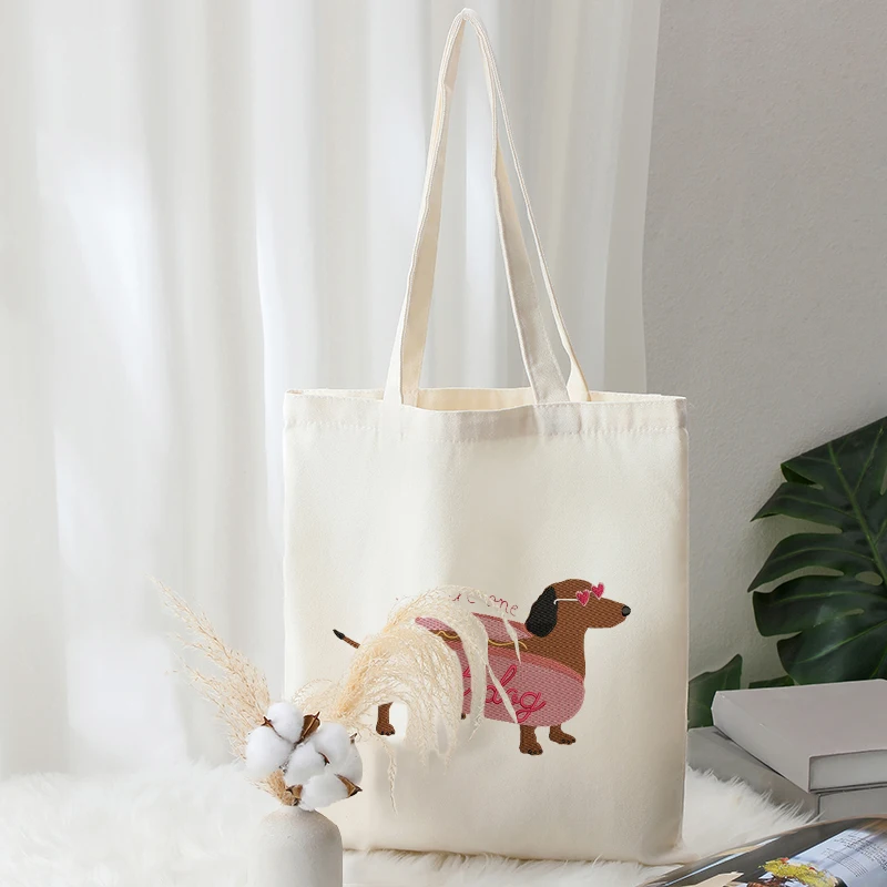 Embroidered Valentine Dog Pattern Tote Bags Canvas Shopping Bag for Summer Travel Foldable Beach Bag for Women for Girl Handbag
