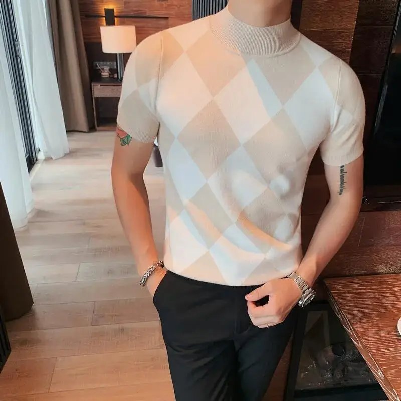 Autumn Winter New Half High Neck Sweaters For Men Fashion Diamond Lattice Short Sleeve Knitted Casual Stretch Pullover Homme 4XL