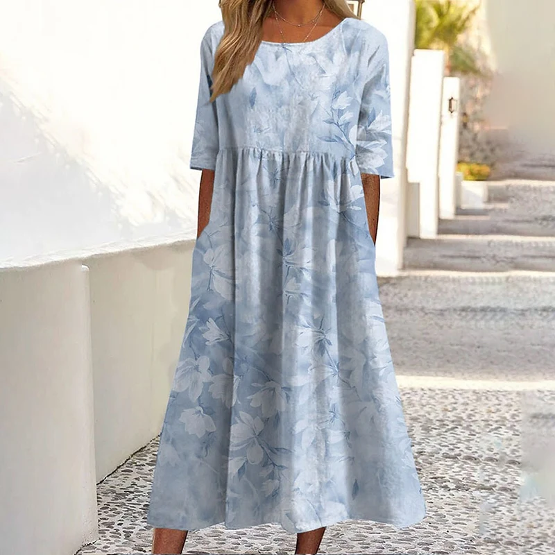 Summer Bohemian Dress Women Cotton Print Loose Casual Round Collar Half Sleeve Natural Scenery Pockets A Line Long Robe