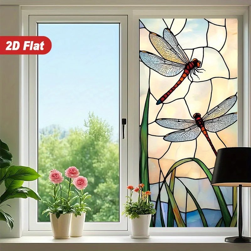 1Pc 2D Flat Dragonfly Water‑Plant Static‑Cling Window Film 45x100cm Retro Stained‑Glass Contrast Color Home Glass Decor
