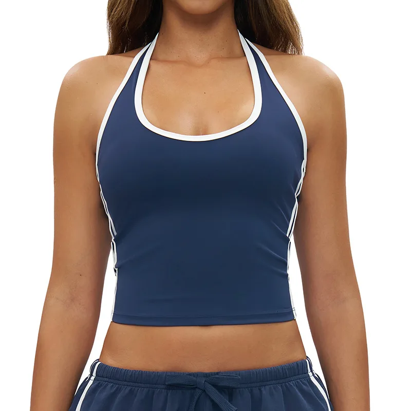 Backless Halter Yoga Vest Quick Dry 2026 Contrast Color Gym Outdoor Sports Top Bordered Shockproof Workout Fitness Running Vest