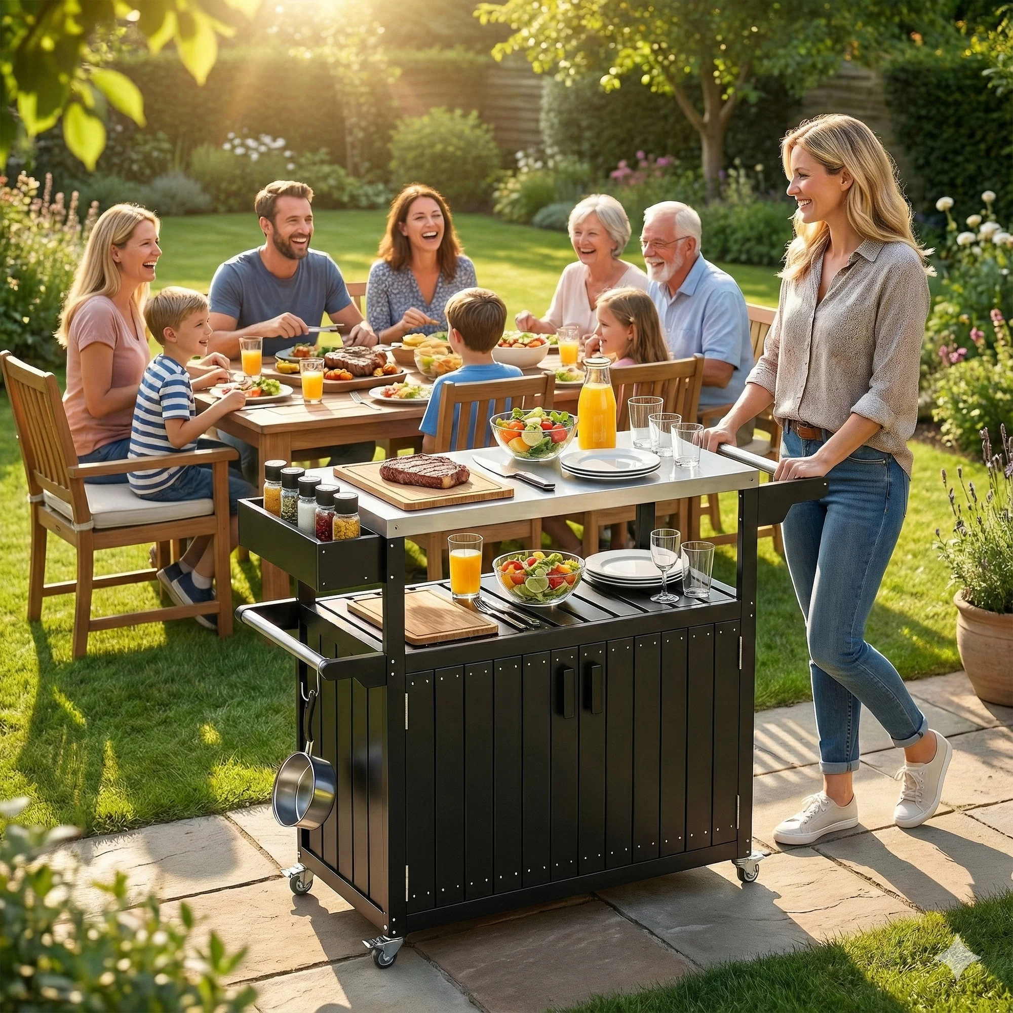 Outdoor Bar Cart with Storage, HDPE Outdoor Kitchen Cart, Black