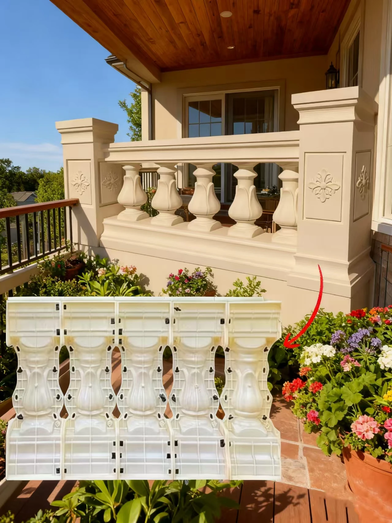 Molde de barandilla de fundición de hormigón estilo orquídea de 60 cm de alto, 1,0 m (cinco columnas pequeñas en total), molde de barandilla de columna romana, valla de villa de estilo europeo, modelo de cemento fundido en efectivo, barandilla de balcón DIY, reutilizable, fácil de operar.