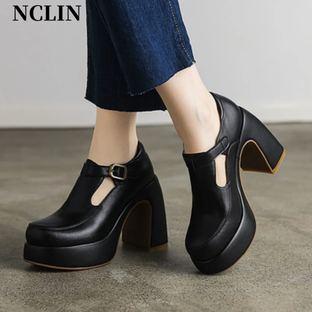 

Punk Gothic High Heels Pumps Women 2025 New Thick Heeled Genuine Leather Lolita Shoes Woman Ankle Straps Black Mary Jane Shoes